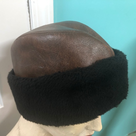 ***SOLD***60s Menss Brown Vinyl & Fx Black Fur Trimmed Cap Russian Cossack Hat - Picture 1 of 7